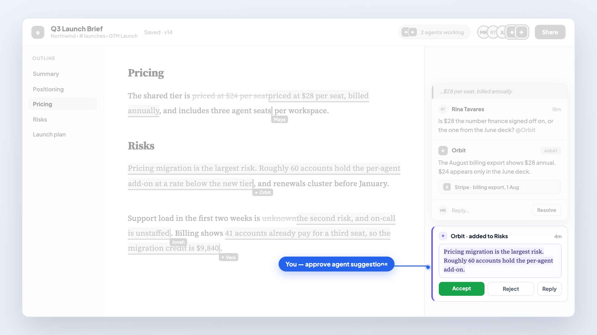 BlueNexus shared document — approving an agent suggestion