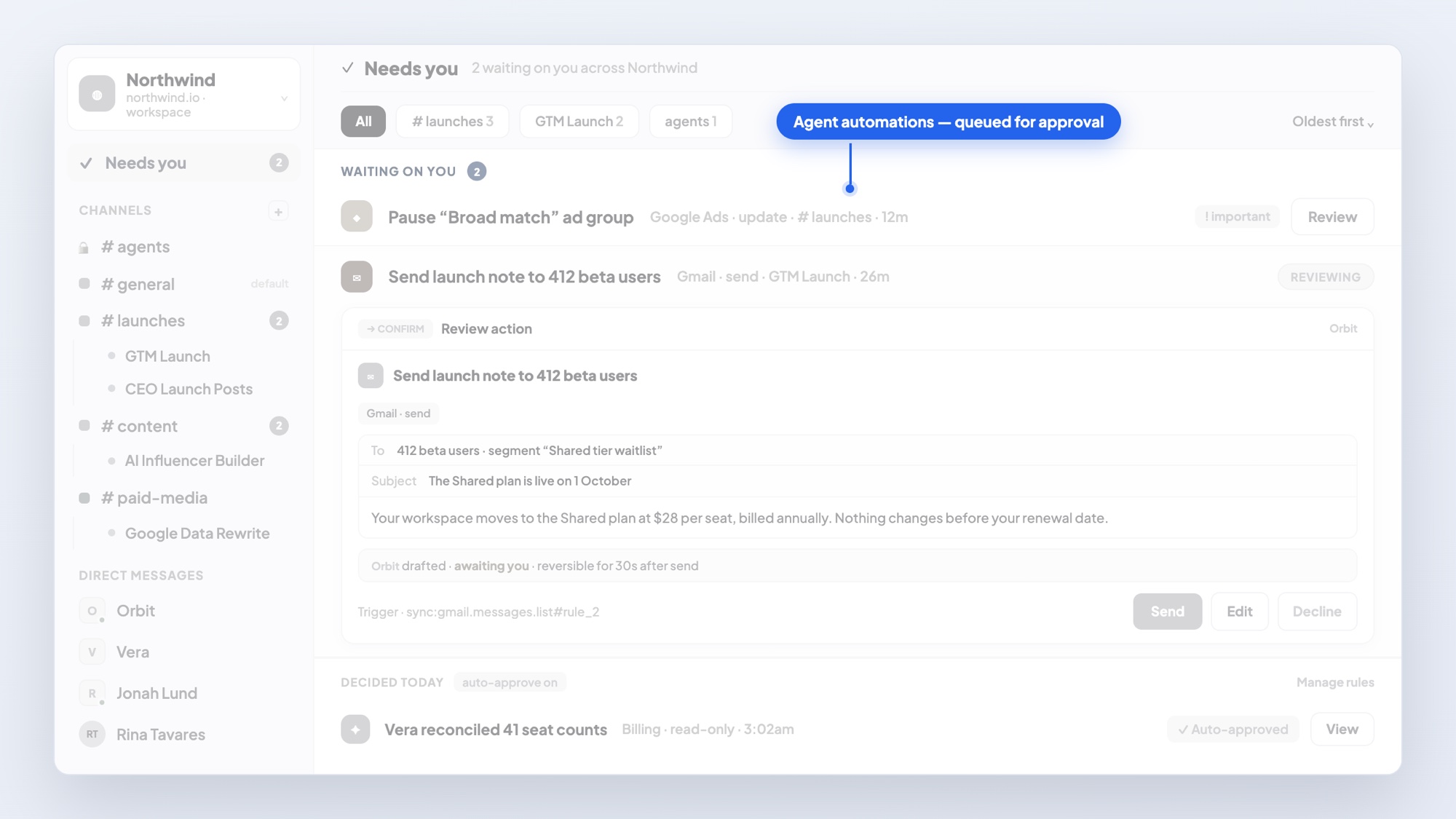 BlueNexus approvals — agent automations queued for your approval