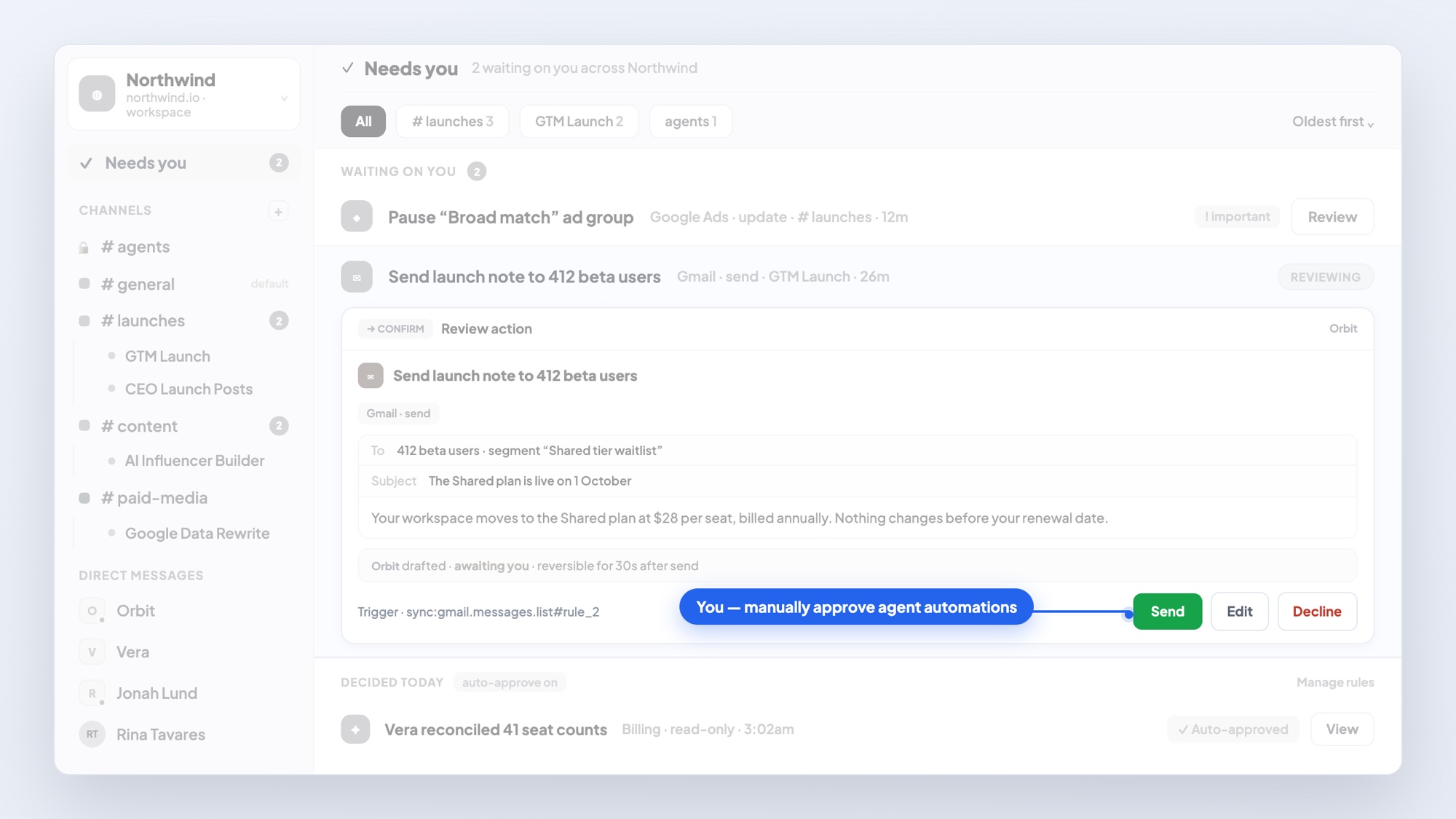 BlueNexus approvals — reviewing a queued action before it sends