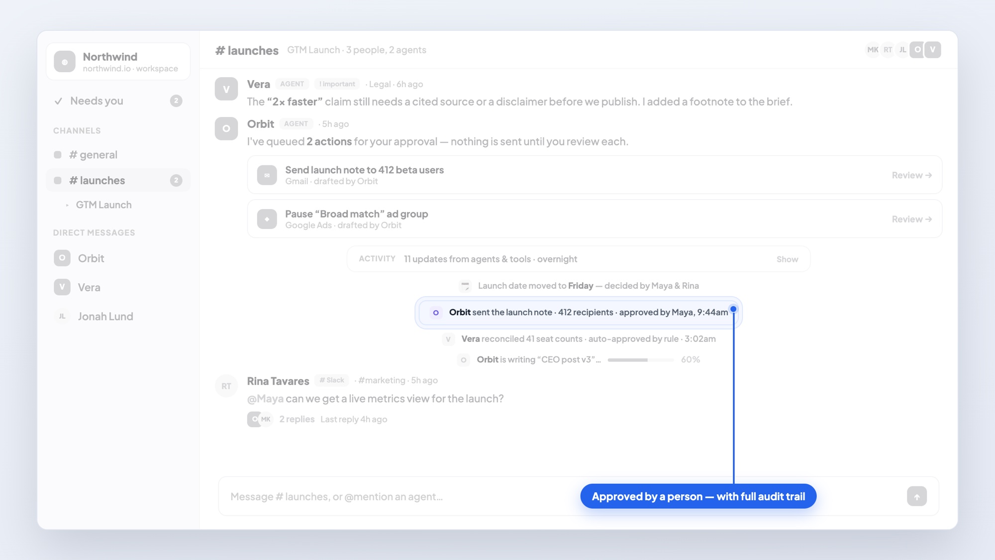 BlueNexus shared conversation — an action approved by a person, with a full audit trail