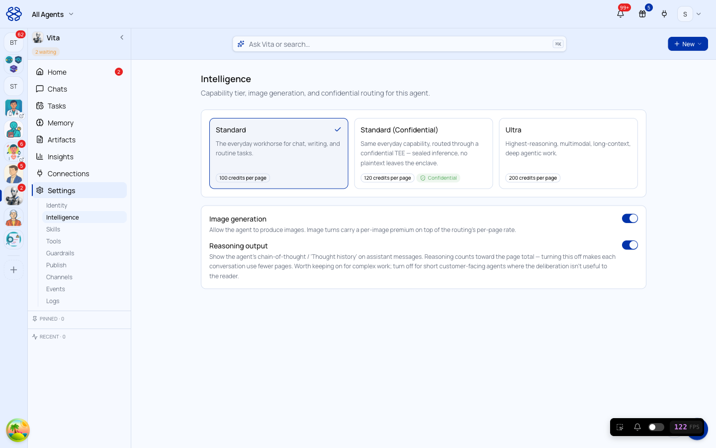 Intelligence settings in BlueNexus — three capability tiers, with confidential compute selected